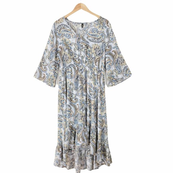 Lapis Dresses & Skirts - Lapis Blue and Gray Paisley V Neck High Low Ruffle Hem Half Sleeve Prairie Dress